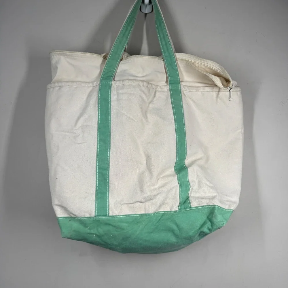 Vintage Lands End Canvas Tote Bag Zip Top Seafoam Green Made in USA Large 22